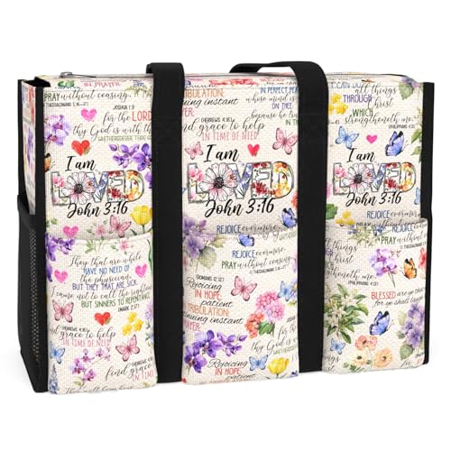 Multi-Pocket Tote Bag for Women. Waterproof Shoulder Bag with Multiple Convenient Pockets and Zipper. God Jesus Christian Faith Religious Gift. I am Loved.