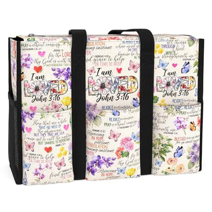 Multi-Pocket Tote Bag for Women. Waterproof Shoulder Bag with Multiple Convenient Pockets and Zipper. God Jesus Christian Faith Religious Gift. I am Loved.