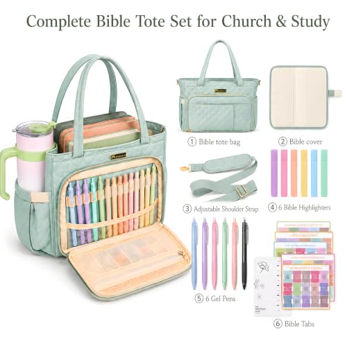 Large Bible Bag with Cover for Women, Quilted Church Tote, Sage Green