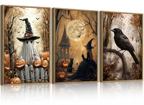 ANHUIB Large Vintage Halloween Wall Art Spooky Ghost Witch Wall Decor Black Cat with Crow Painting 16x24 Inch Set of 3 for Living Room Bedroom - color: Witch, size: 24"L x 16"W