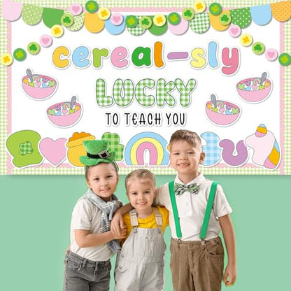St. Patrick's Day Cereal-Sly Bulletin Board Lucky Shamrock Bulletin Board Decorations Rainbow Gold Coin Paper Cutouts for St. Patrick Party Supplies Home Classroom Chalkboard Wall Door Window Decor - style: St. Patrick's Day