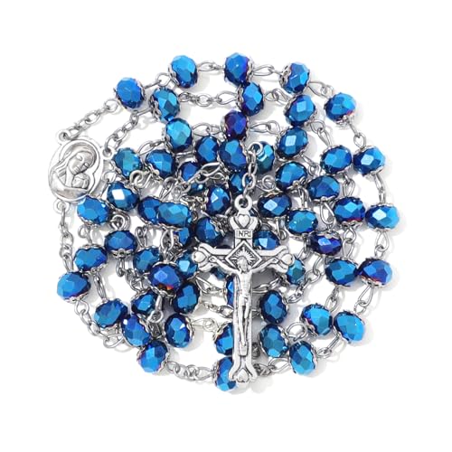 KOMI Rosary Beads Catholic for Women Gemstone Rosary Beads Necklace with Crucifix Cross Crystal Pearl Rosary Rosarios Catolicos Catholic Gifts - style: Deep Blue Crystal