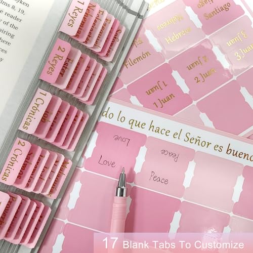 Vorscrin-Laminated Bible Tabs for Women and Men, Gold Foil Lettering Design, Reposition and Large Print Stickers, Bible Study Supplies, 90 Chapters Labels for Easy Navigation (Spanish Pink) - color: Spanish Pink