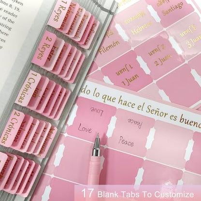Vorscrin-Laminated Bible Tabs for Women and Men, Gold Foil Lettering Design, Reposition and Large Print Stickers, Bible Study Supplies, 90 Chapters Labels for Easy Navigation (Spanish Pink) - color: Spanish Pink
