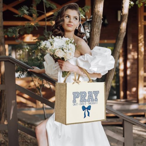 KongMoTree Christian Tote Bags, Coquette Bow Bag with Floral Christians Gifts for Mom, Wife, Sisters, Best Friends - color: Pray on It Over It Through It Blue