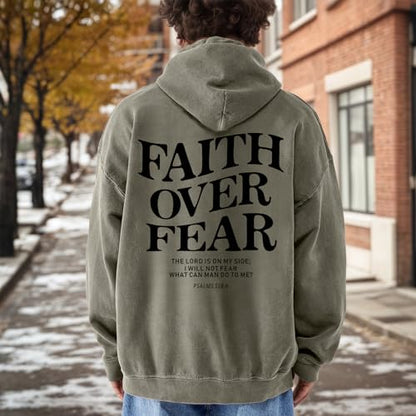 Christian Faith Over Fear Hoodies for Men Jesus Religious Graphic Sweatshirt Bible Verse Acid Wash Pullover Hoodie - color: Green, size: Medium