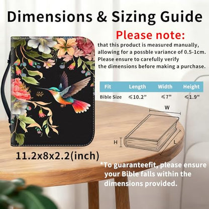 Bible Cover for Women Large PU Leather Zippered Bible Case with Handle and Flower Hummingbird Design, Christian Bible Cover for Girls & Women, Cover Fits Standard 9.5"x7.5"x2.3" Bible - color: Flower Hummingbird