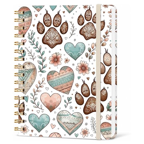 Boho Heart Lined Spiral Notebook, Pretty Hardcover Journal 6'' x 8.4'', Cute Notebook for Women, Work, Writing, Note Taking Gift - color: paws