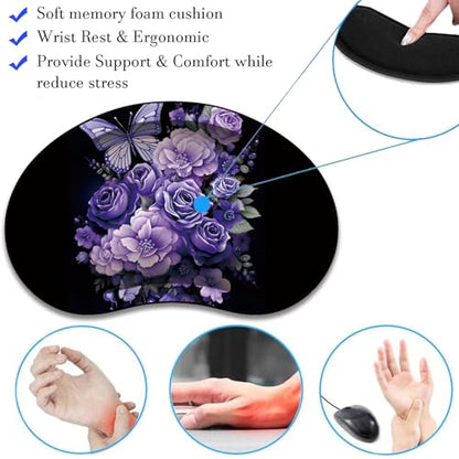 Mouse Pad 9.4"x7.9" + Wrist Support Pad + Embroidered Cup Pad Non-Slip Set, Ergonomic Mouse Wrist Support Pad, Suitable for Office/Gaming/Home Use, Butterfly and Purple Flowers - color: Butterfly and Purple Flowers
