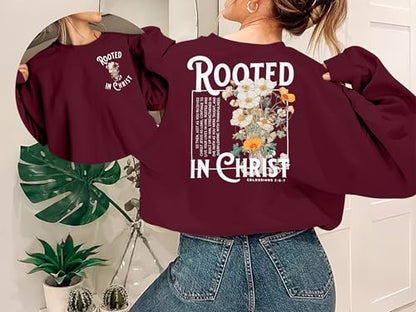 Women Christian Sweatshirt Rooted in Christ Shirts Jesus Boho Faith Clothes - color: Wine Red, size: Large
