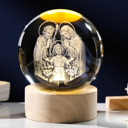 Arikyrist 3D Engraved Crystal Jesus Holy Family Statue Figurine, 3D Crystal Ball Holy Family Statue Catholic with Wooden Base, Crystal Praying Hands with Jesus Christian Religious Easter Gifts - color: 3d Holy Family
