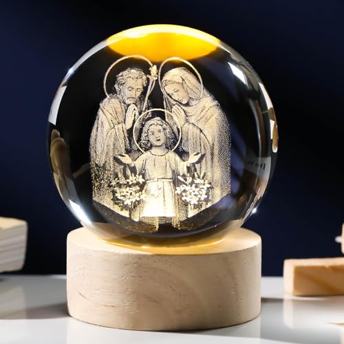 Arikyrist 3D Engraved Crystal Jesus Holy Family Statue Figurine, 3D Crystal Ball Holy Family Statue Catholic with Wooden Base, Crystal Praying Hands with Jesus Christian Religious Easter Gifts - color: 3d Holy Family