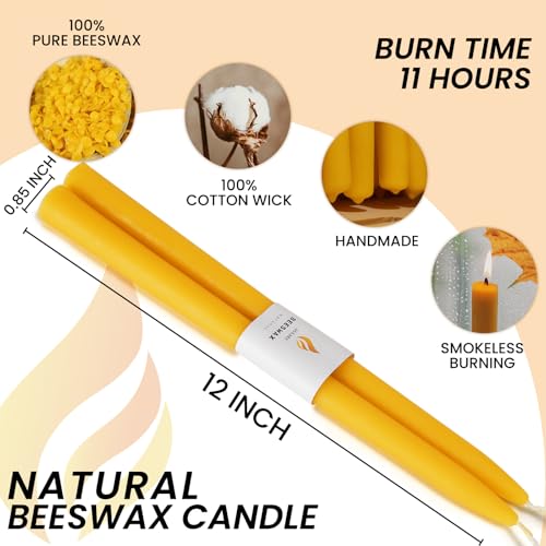 10-Pack 12" Natural Yellow Pure Beeswax Taper Candles, Dripless & Smokeless - color: Yellow, size: 12“