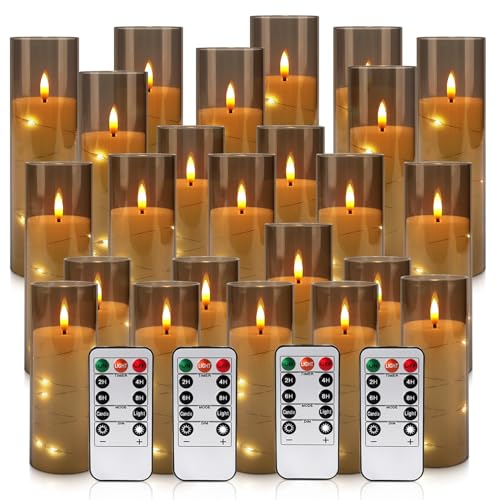 24-Pack Gray Flameless Candles with Remote Control, Battery-Powered LED Candles with Embedded Star String Lights & Realistic Flickering Flame. with Timer for Christmas, Home, Wedding, Fireplace Mantle - color: 24String-Grey
