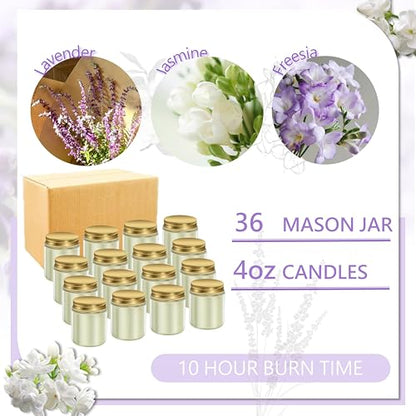 ACITHGL 36 Pcs 4oz Mini Mason Jar Candles Small Scented Candles Bulk Aromatherapy Ideal Souvenir Favors for Wedding Birthday Party (Freesia, Lavender, Jasmine, Gold) - color: Gold, style: Freesia, Lavender, Jasmine