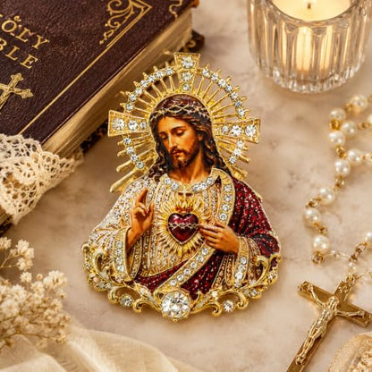 Sacred Heart of Jesus Brooch Pin, Virgin Mary Pin Catholic Sacred Heart Home Altar Church Baptism Religious Inspirational Jewelry Gift - color: Gold Blue Virgin Mary
