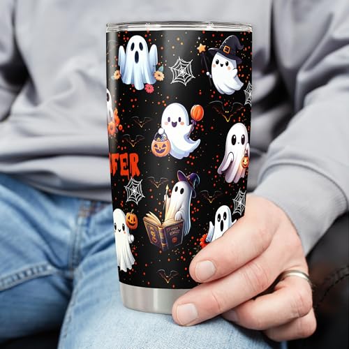 Personalized Ghost Halloween Tumbler Custom Name Boo Travel Mug Coffee Insulated Cup with Lid Stainless Steel 20Oz 30Oz Gifts for Women Girls Spooky Season - color: Halloween 568