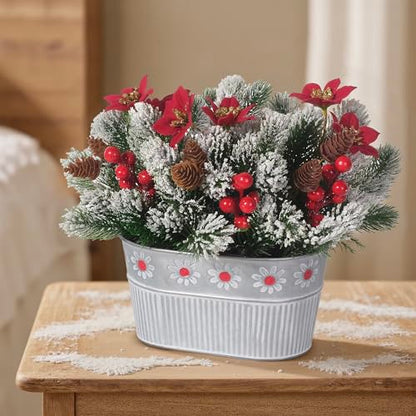 Christmas Centerpiece Table Decorations Artificial Norfolk Pine Branches with Poinsettia Flowers, Pine Cones & Berries in Metal Planter – Xmas Flower Arrangement for Christmas Décor & Dining Table