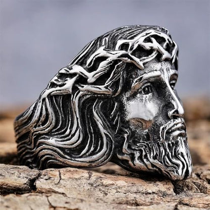 Vintage Silver Jesus Head Signet Stainless Steel Ring For Women Men Religious Amulet Baptism Band Antique Thumb Knuckle Ring Hip Hop Biker Baptism Christian Catholic Costume Jewelry Gifts Accessories