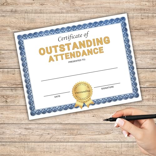 Outstanding Attendance Certificate 30pk 8.5x11” for The Year Perfect Adult Sunday School for Students Class On Time Punctuality Blue Border