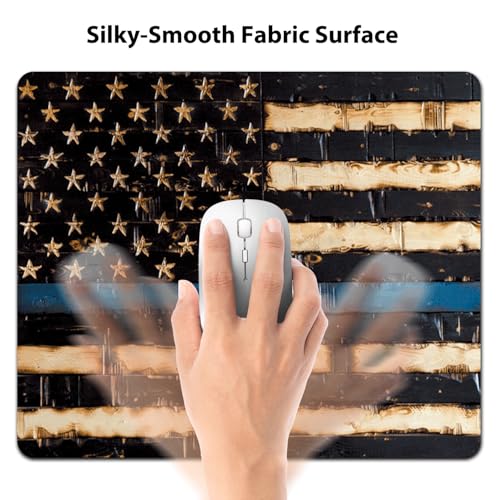 Thin Blue Line American Pride Flag Mouse Pad, Rustic Burnt Wood Desk Mat - color: Blue Line