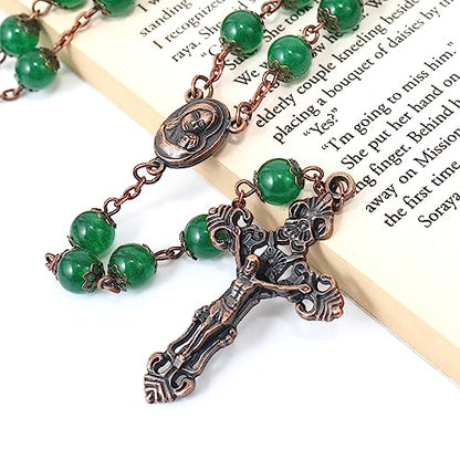 Nazareth Store Natural Stone Beads 8mm Rosary Necklace Antique Copper Design Holy Soil Medal & Cross in Velvet Bag - Catholic Rosaries Terra Santa Jerusalem Collection - color: Green Jade