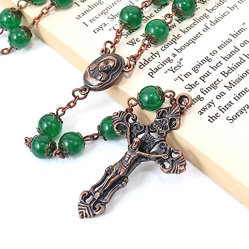 Nazareth Store Natural Stone Beads 8mm Rosary Necklace Antique Copper Design Holy Soil Medal & Cross in Velvet Bag - Catholic Rosaries Terra Santa Jerusalem Collection - color: Green Jade