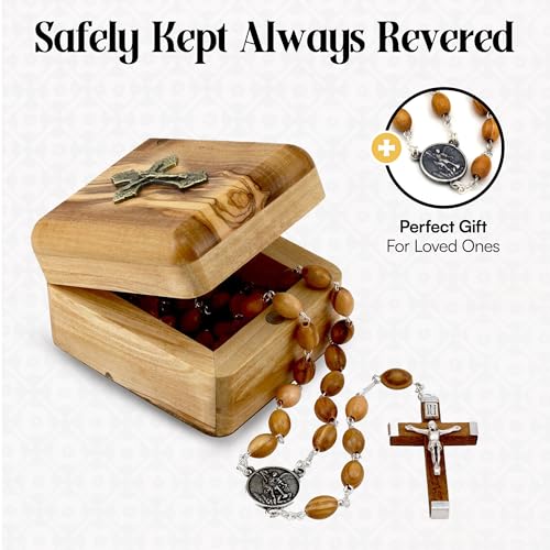 St. Michael Olive Wood Rosary and Box Gift Set