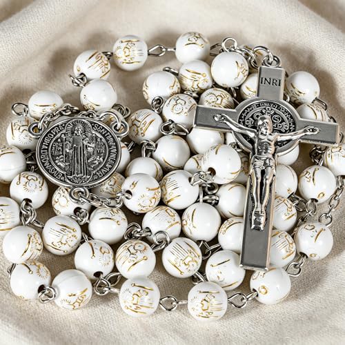 Handmade Rosary Beads for Women, Elegant Catholic Gifts for First Communion, Confirmation & Spiritual Prayer, Unique Beaded Rosary Necklace with Zippered Case - color: White - St.Benedict