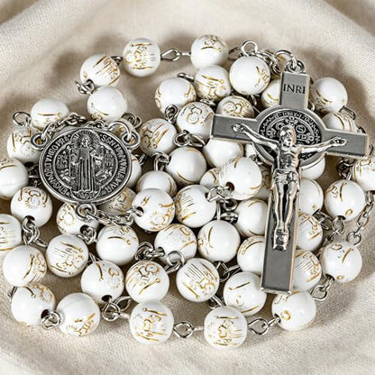 Handmade Rosary Beads for Women, Elegant Catholic Gifts for First Communion, Confirmation & Spiritual Prayer, Unique Beaded Rosary Necklace with Zippered Case - color: White - St.Benedict