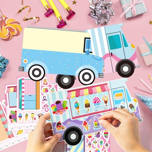 CY2SIDE Ice Cream Stickers Scene - 12set Make Your Own Ice Cream Cart Scene Sticker DIY Dessert Truck Shop Sticker with Mix Match Sweets Decals for Summer Party Classroom Activities - style: Ice Cream