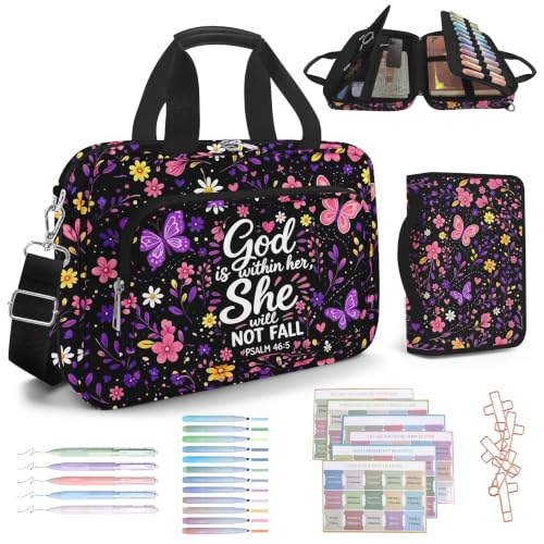 Bible Cover Case for Women with Shoulder Strap & Handle Zipper Pocket, Large Bible Bag with Study Supplies Journaling Kit Book Carrying Case, Pens Highlighters Cross Clips Tabs, Butterfly - color: Purple Butterfly