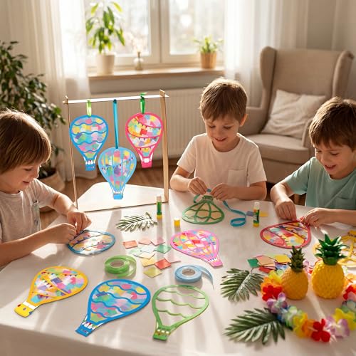 Renbuzhu 48PCS Back to School Crafts: Paper Hot Air Balloon Suncatchers DIY Kits, Summer Window Stained Glass Effect Art Supplies - style: hot air balloon