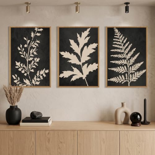 Boho Black Tan Fern Leaf Framed Canvas Wall Art Set -24"x36"x3 - color: Black Fern Wall Art, size: 24"L x 36"W