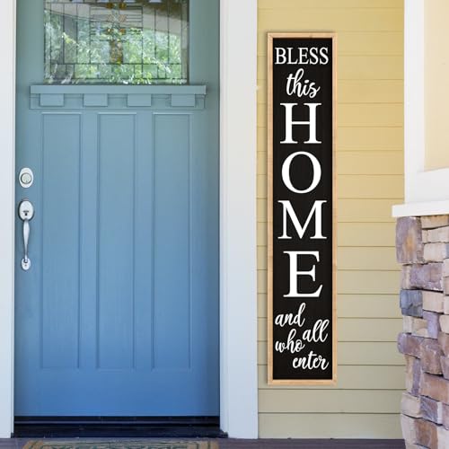 Welcome Sign for Front Door, Wood Black, 45"X9" - color: Bless this Home And All Who Enter(Wood Black)