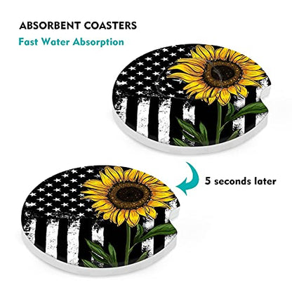 Car Coasters 2 Pack, Small 2.56" Stone Car Cupholder Absorbent Coaster Set for Women Men Drink Cup Holder Coasters (Black Sunflower) - color: Black Sunflower