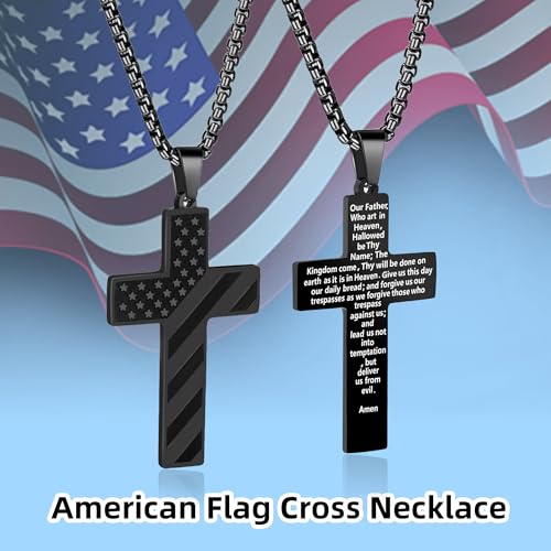 American Flag Cross Necklace for Men, Christian Confirmation Baptism Gifts - color: Black, style: Lord's Prayer