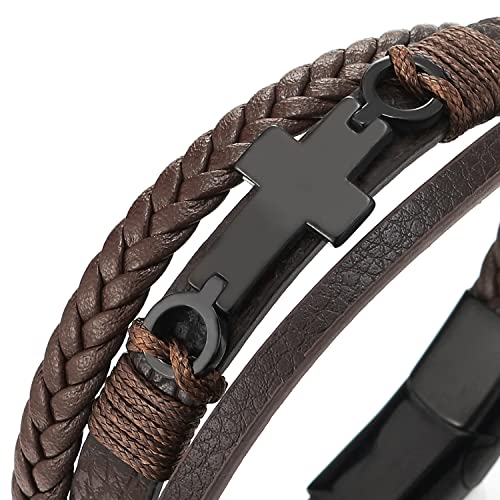 COOLSTEELANDBEYOND Mens Women Steel Horizontal Sideway Lateral Flat Cross Multi-Strand Leather Bangle Bracelet - color: A-Metal Color: Black; Leather Color: Brown