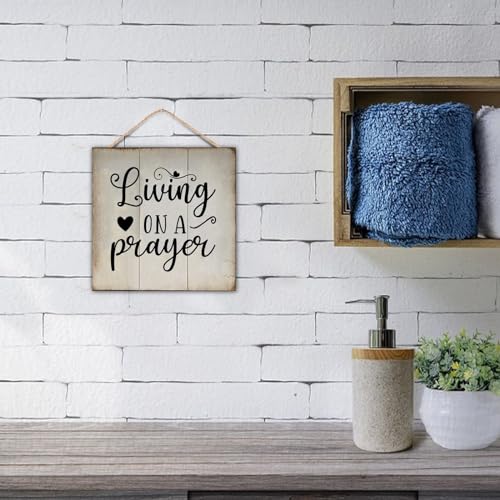Living on A Prayer Wooden Plaque Chic Bible Verse Hanging Wooden Sign Customized Wooden Sign Girls Boys Bedroom Sign for Farmhouse Home 12x12 Inch Christian Religious Gifts - color: Log color-style-3
