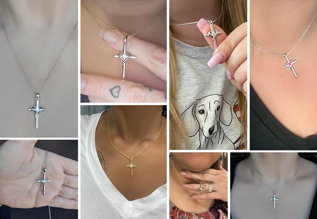 AmorAime 925 Sterling Silver Cross Necklace for Women Men 14K Gold Plated 5A CZ Birthstone Necklaces for Holiday - color: DD.white-CZ-April