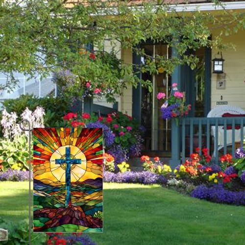 Christian Cross Garden Flag 12x18 Inch Double Sided Easter Religious Garden Flag Small Burlap Banner Yard Lawn Porch Outdoor Decor
