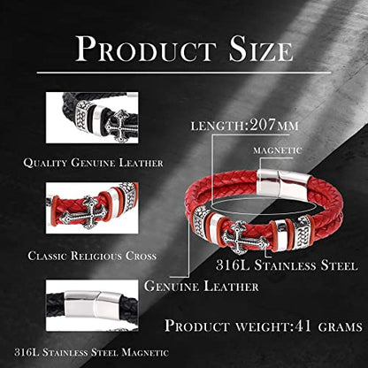 Mens Christian Cross Double Row Leather Bracelet, Religious Braided Cuff Bracelet for Men - color: Green, size: 8.1 inches