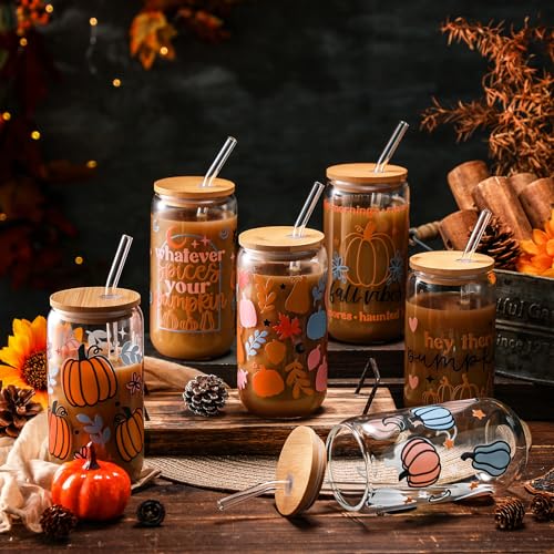 SiliFine 6 Pcs Fall Pumpkin Glass Cups, 16 oz with Lids and Straws - style: Harvest