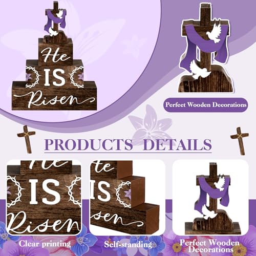 4 Pcs Easter Table Decorations He Is Risen Wooden Table Sign Religious Wood Centerpiece Easter Cross Blocks Farmhouse Tiered Tray Decor for Home Kitchen Shelf Decor (Religious) - style: Religious