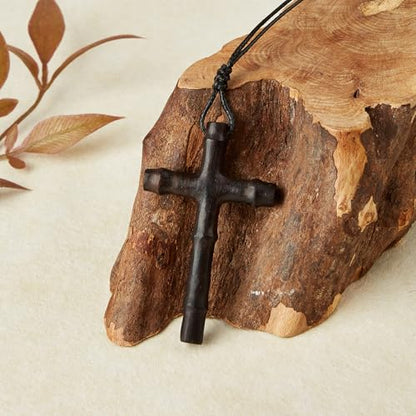 Men's Wooden Cross Necklace Real Handcrafted Ebony Wood Cross Pendants With Leather Necklaces Men's Black Cross Necklaces Christian Baptism Crucifix Pendant for Men(bamboo grain