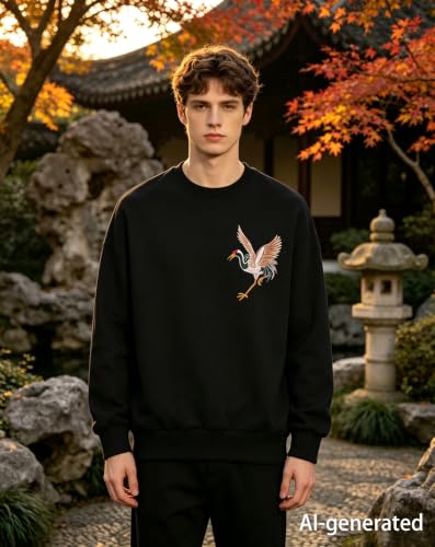 Niepce Inc Men's Embroidered Graphic Crewneck Sweatshirt - color: Black-cranes, size: Small