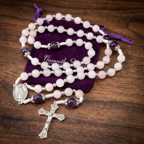Nazareth Store 8mm White Jade & 10mm Natural Stone Beads Rosary Necklace St. Miraculous Medal & Cross Crucifix Catholic Prayer Beads Religious Jewelry - color: Amethyst
