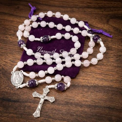 Nazareth Store 8mm White Jade & 10mm Natural Stone Beads Rosary Necklace St. Miraculous Medal & Cross Crucifix Catholic Prayer Beads Religious Jewelry - color: Amethyst