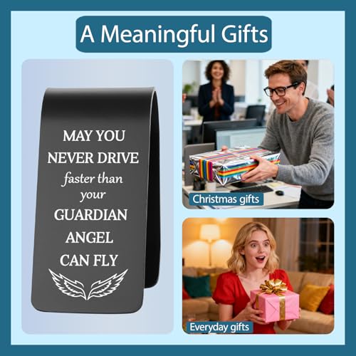 May You Never Drive Faster Than Your Guardian Angel Can Fly Engraved Stainless Steel Car Visor Clip, Christian Inspirational Gift for Women Men, Religious Safe Driving Reminder EDG23 - color: Black-G23