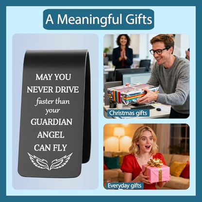 May You Never Drive Faster Than Your Guardian Angel Can Fly Engraved Stainless Steel Car Visor Clip, Christian Inspirational Gift for Women Men, Religious Safe Driving Reminder EDG23 - color: Black-G23
